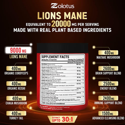 35 in 1 Lions Mane Mushroom Capsules, Equivalent to 20000mg, with Cordeyceps, Reishi, Elderberry, Panax Ginseng, Focus, Memory & Brain Support Supplement, Immune Support, Energy Pills (120 Capsules)