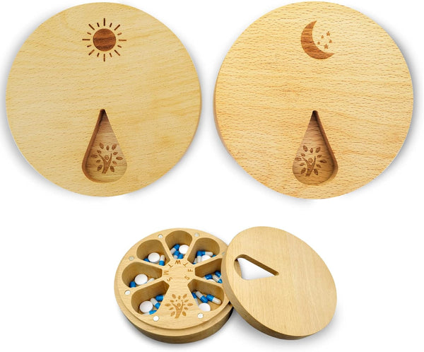 AM&PM Set of 2 Wood Weekly Pill Organizer for Medicine Vitamin 2