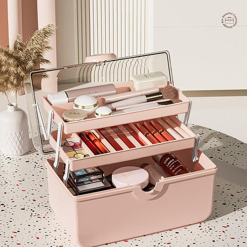 Large Capacity Makeup Storage Organizer with Transparent Visual Cover, 3 Layers Portable Cosmetic Storage Box