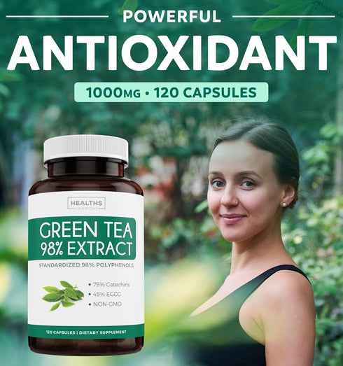 Green Tea Extract Capsules 98% with EGCG, 120 Count, Non-GMO, Natural Metabolism Boost, Antioxidant Supplement