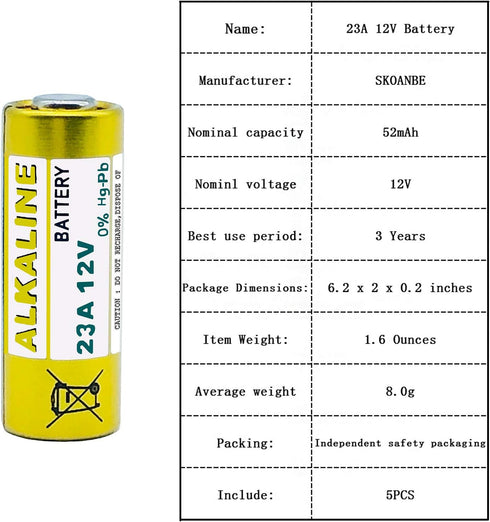 SKOANBE 5PCS 23A 12V Alkaline Battery, A23 L1028 MN21 12Volts Battery