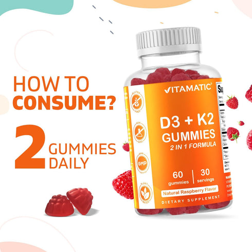 Vitamatic Vitamin D3 K2 Gummies - 60 Count - Supports Healthy Bone, Heart & Calcium Absorption, Immune Health - Plant