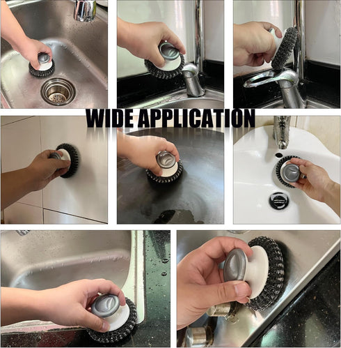 Heavy Duty Stainless Steel Wool Scrubber with Handle, Steel Brush for Cleaning Pots, Pans, Grills, Sink (4 Pack)