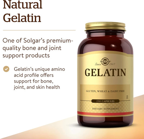 Solgar Gelatin 1680 mg, 250 Capsules - Natural Gelatin for Bone, Joint & Skin Health - Gluten Free, 83 Servings