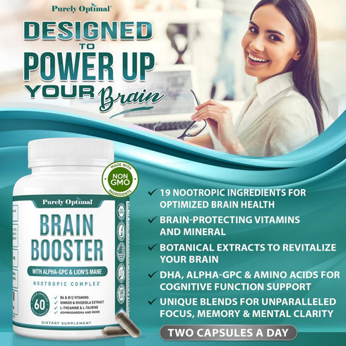 Premium Brain Supplement, Nootropic Brain Booster for Focus, Clarity, Memory, 60 Caps