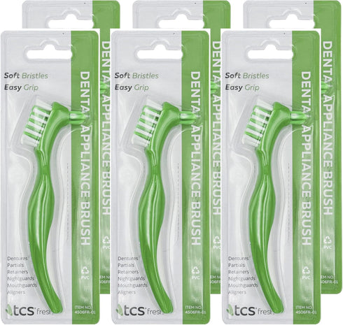 TCS Fresh Dental Appliance Cleaning Soft Bristle Toothbrush, Ergonomic Handle, 6 Pack - Denture Cleaner Brush for