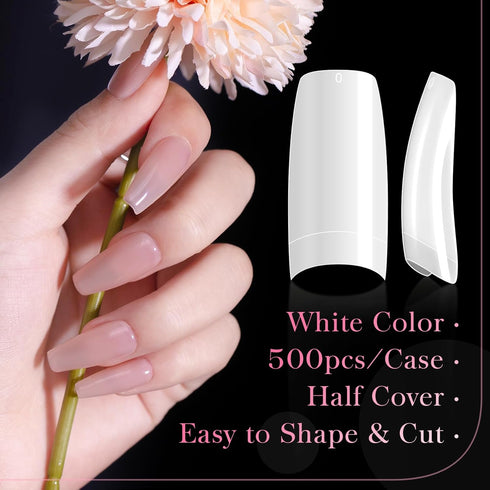 krofaue 500PCS French Style False Nails Tips, Acrylic Artificial Half Cover Manicure with Box of 10 Sizes (White)