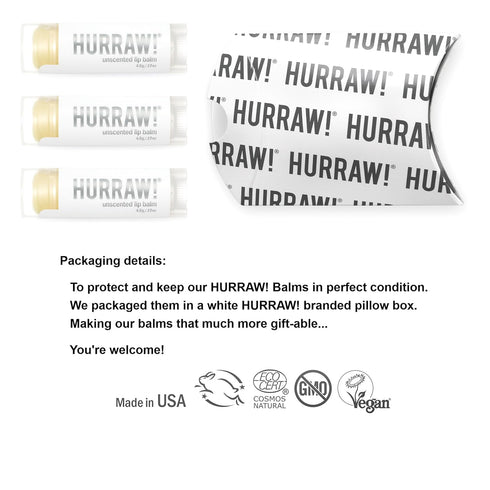 Hurraw! Unscented Lip Balm, 3 Pack - Organic, Certified Vegan, Gluten Free, Non-GMO, 100% Natural Ingredients, USA Made