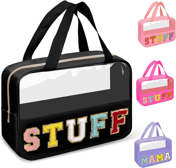 Chenille Letter Clear Makeup Bag Stuff Tote, Preppy Zipper Bag with Handle, Waterproof PVC & Nylon Storage (STUFF-Black)