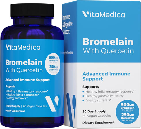 VitaMedica Bromelain & Quercetin Supplement, 500mg Bromelain, 250mg Quercetin, 60 Vegan Capsules for Immunity & Recovery