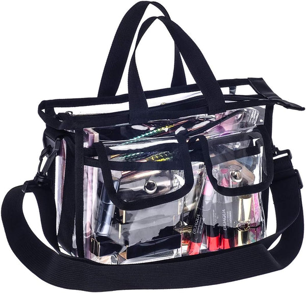 Medium Clear PVC Makeup Artist Set Bag, Transparent Cosmetic Storage for Travel, Stadium Approved Tote with Strap