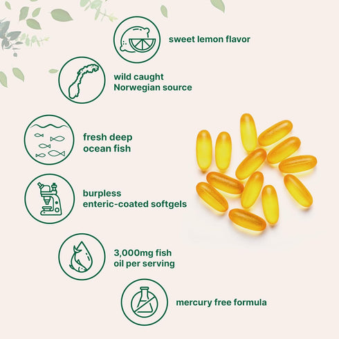 Omega 3 Fish Oil Supplements 3,000mg Per Serving, 240 Softgels | Lemon Flavored – Burpless | Heart & Brain Support