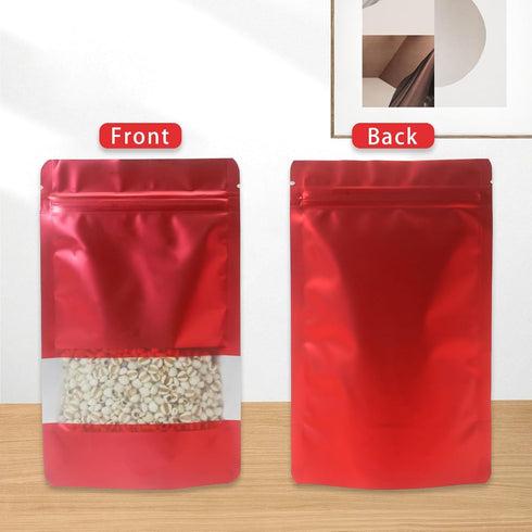 50 Pieces Smell Proof Red Resealable Matte Metallic Ziplock Bags, 6.3 * 9.4 In Stand Up Food Storage Bags with Window