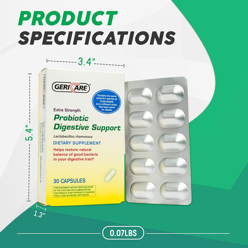 GeriCare Probiotic Digestive Support, Extra Strength 20 Billion CFU Lactobacillus Rhamnosus R-11, 30 Capsules