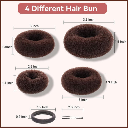 YaFex Hair Bun Maker Kit, 4 Pieces (Large, Medium, Small) with 6 Elastic Hair Ties & 20 Bobby Pins