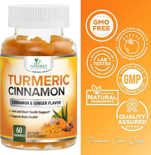Turmeric Curcumin Gummies with Cinnamon & Ginger, 60 Vegan Non-GMO Capsules for Joint Support