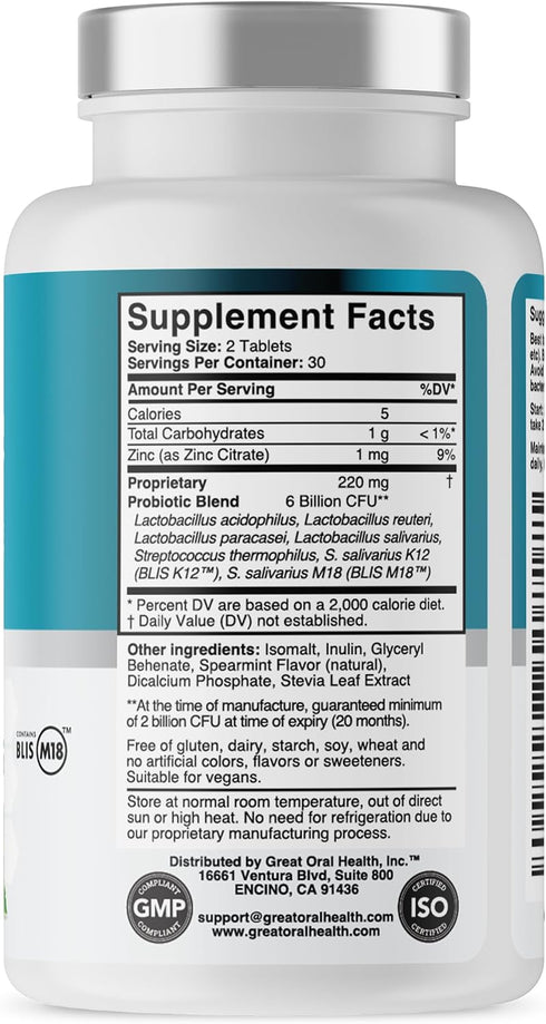 Oral Probiotics for Bad Breath Treatment, Dentist Formulated with BLIS K12 M18, 60 Chewable Tablets