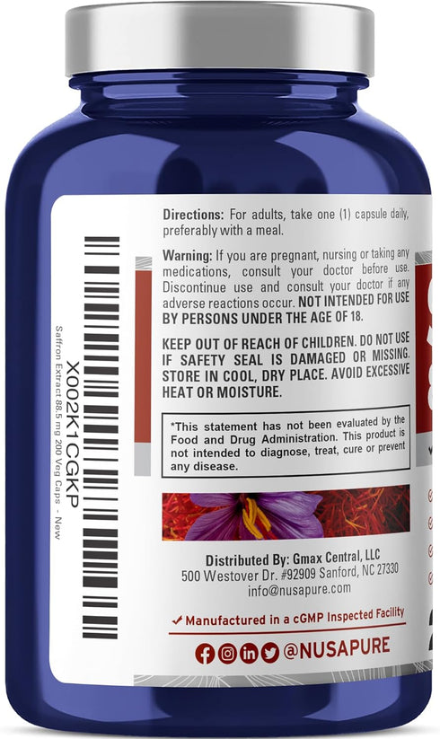 NusaPure Saffron Extract 88.5mg - 200 Veggie Caps (Vegetarian, Non-GMO, Vegan)