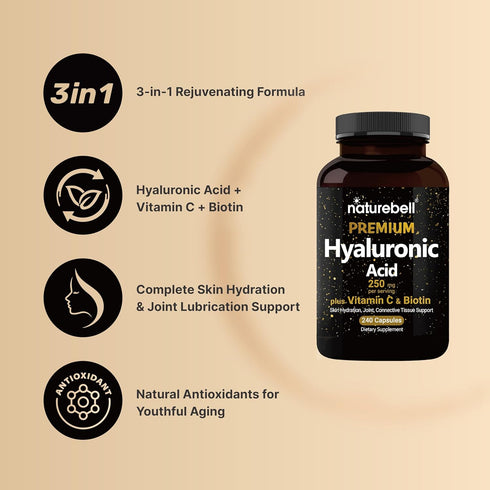 NatureBell Hyaluronic Acid Supplements 250mg | 240 Capsules with Biotin 5000mcg & Vitamin C 25mg