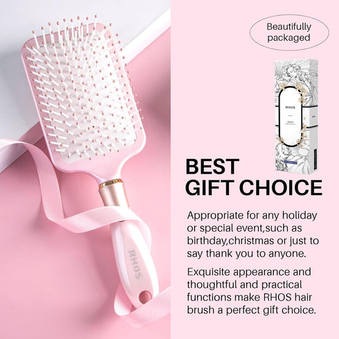 RHOS Paddle Brush for Women & Men, Detangler for Thick Curly Hair, Square Cushion Brush, 1 Pack - Pink