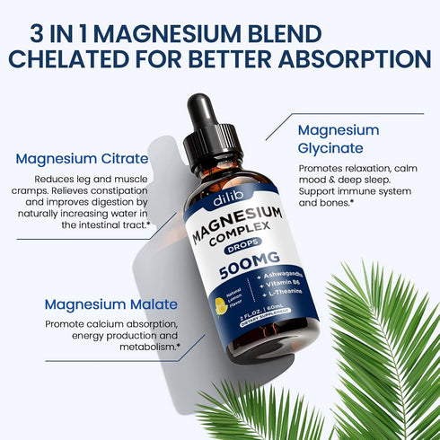 Triple Magnesium Complex Supplement-Liquid Magnesium Glycinate, Citrate, Malate Liquid Drops 500mg with Ashwagandha, L-Theanine, Vitamin B6 for Calm, Stress Relief, Sleep, Muscle Support-Lemon Flavor
