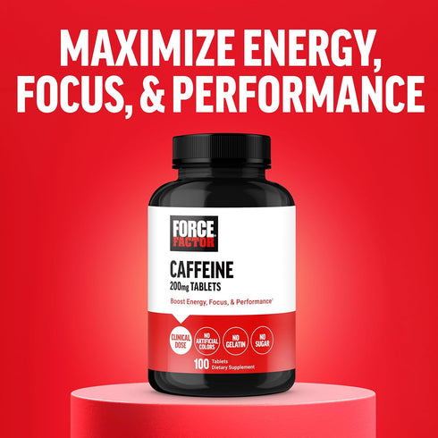Force Factor Caffeine Pills 200mg - 100 Tablets for Energy, Focus, Strength & Performance Boost.