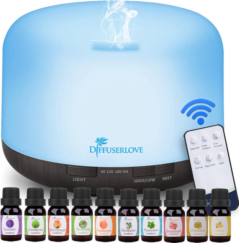 Diffuserlove Essential Oil Diffuser - 500ML Aromatherapy Diffuser, 7 Color LED Lights for Home Office Bedroom