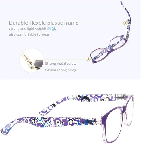 Reading Glasses Women +1.25 - Floral Print Square Readers, 5 Pack with Spring Hinge, Lightweight Comfortable Fit