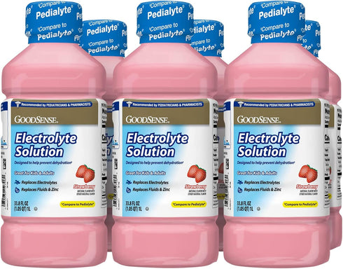 GoodSense Strawberry Electrolyte Solution - Replaces Electrolytes, Fluid & Zinc, 33.8 Fluid Ounces (Pack of 6)
