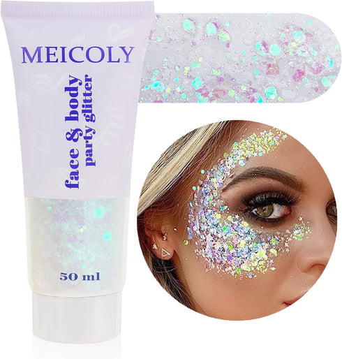 MEICOLY 50ml Clear White Body Glitter, Mardi Gras Face Glitter, Chunky Hair Sparkling Gel for Women