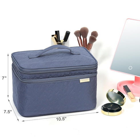 NISHEL Large Double Layer Travel Makeup Bag, Aegean-Blue Cosmetic Case for Travel-Size Accessories, Bottles, Brushes