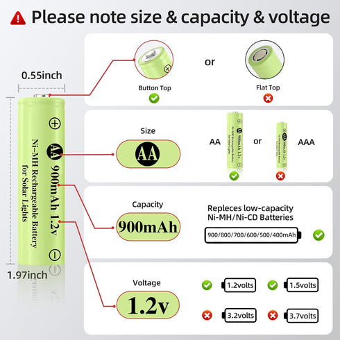 Rechargeable AA Batteries, Ni-MH 900mAh, 1.2V Solar Batteries for Garden Lights, 4 Pack