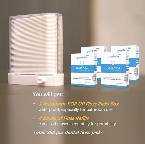 Automatic Pop Up Floss Sticks Holder with 4 Box 0.002in Soft Fine Floss, Waterproof Storage Box for Floss Picks,