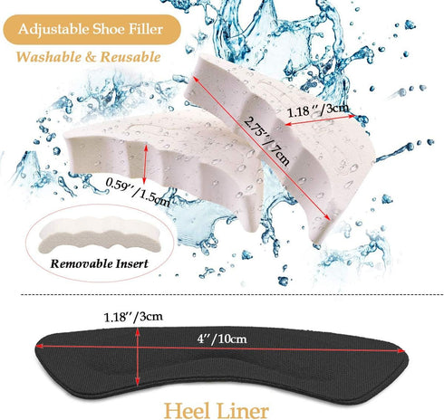4 Pairs Adjustable Shoe Filler and Heel Grip Liner Inserts, Reusable Toe Plug Foot Brace Pads for Men and Women