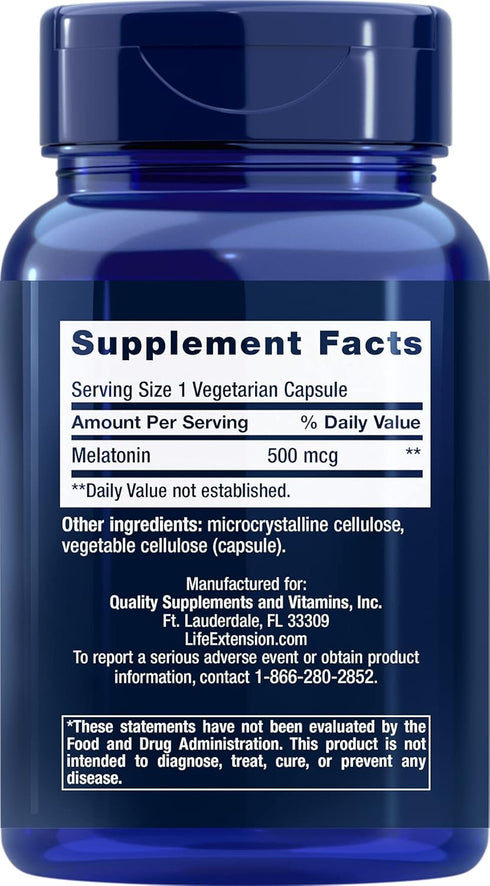 Life Extension Melatonin, 500 mcg – Gently Promotes Sleep, Low Dose, Value Size – Non-GMO, Gluten-Free, Vegetarian – 200 Capsules