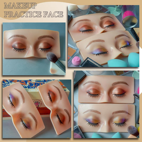 Makeup Practice Face Board, Makeup Mannequin Face with Makeup Kit, 3D Silicone Half Face Practice Eyelash Eye Shadow for Makeup Students and Beginners to Practice Eyes Makeup (White)