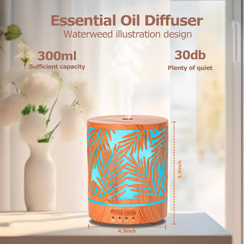 Office,300ML Essential Oil Diffuser Metal Aromatherapy Oil Diffusers for Large Room,Water Plants Pattern Ultrasonic