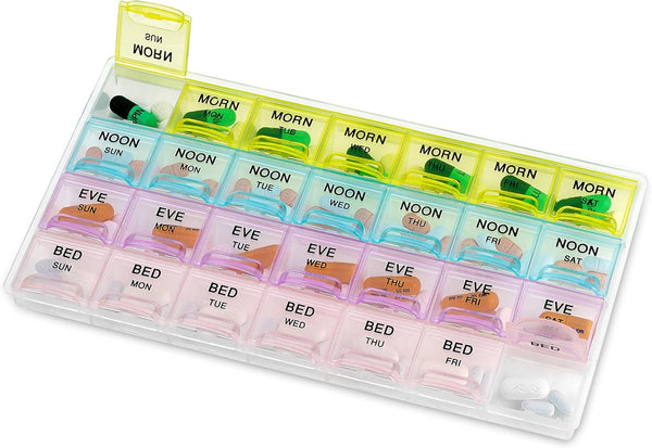 Large Pill Organizer with Weekly and Daily 4-Times-A-Day Compartments, BPA-Free, Portable Pill Boxes Case