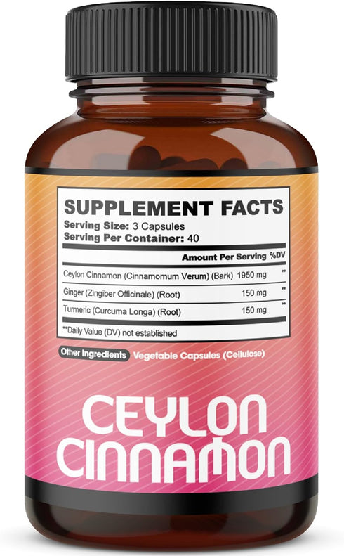 Ceylon Cinnamon Capsules with Ginger Root and Turmeric Curcumin Supplement - 120 Vegan Capsules