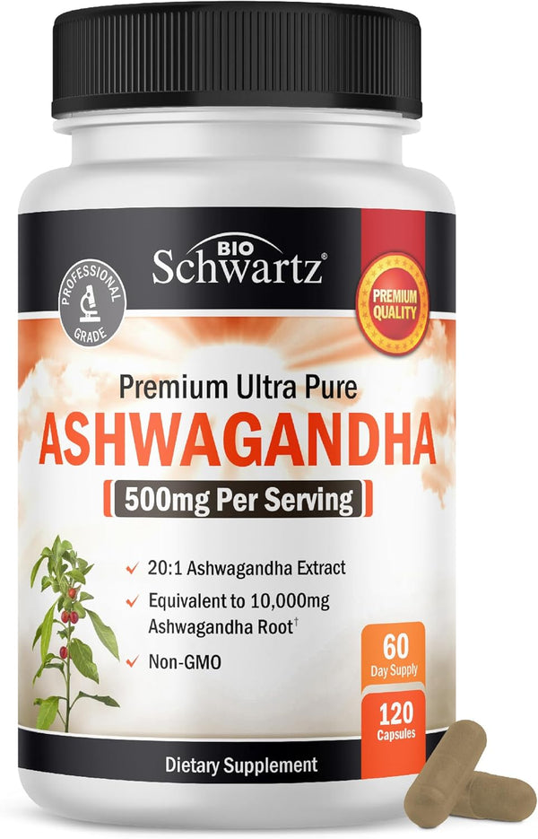 Ashwagandha Supplements - Extra Strength 500mg Capsules with 20 to 1 Root Extract, Stress Relief, Vegan Safe, 60