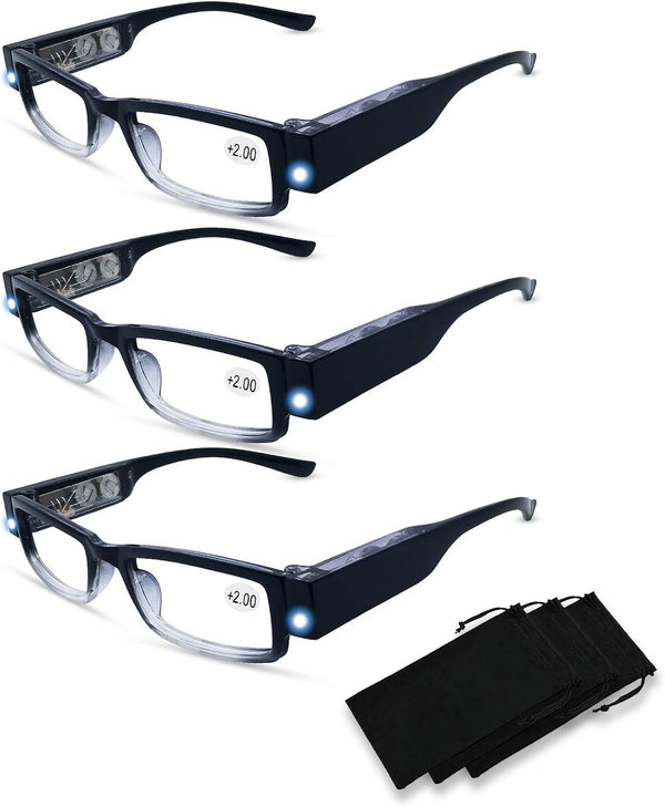3 Pack Reading Glasses with Lights, Magnifying Glasses with Bright LED for Men and Women