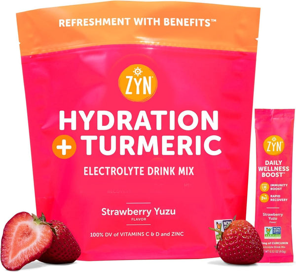 ZYN Turmeric Powder Electrolyte Drink Mix, 32 Servings Strawberry Yuzu, Healthy Hydration with Vitamin C & Zinc
