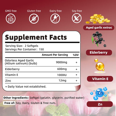 Skiseoy 9000mg 2 Immune 300 Aged Garlic Extract Odorless Years Organic Aged Garlic Supplements with Elderberry, Vitamin