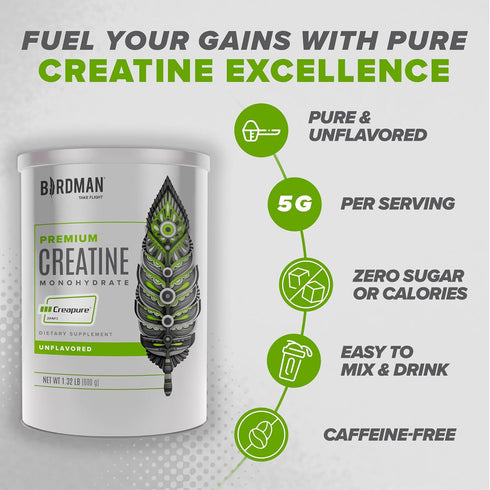 BIRDMAN High-Purity Creatine Monohydrate Unflavored Powder, Pre-Workout, High Performance, 300g
