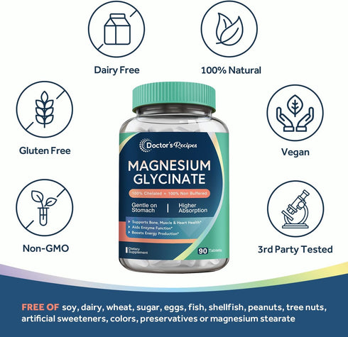 Doctor's Recipes Magnesium Glycinate, Chelated Magnesium for Bone, Muscle, Nerve & Energy Support, 90 Tablets