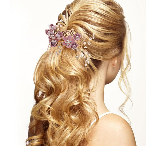 NUOBESTY 4Pcs Handmade Wedding Hair Clip Comb, Pearl Floral Leaf Hair Accessories for Women (Purple)