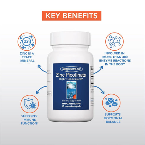 Allergy Research Group Zinc Picolinate Supplement - Supports Normal Health Immune Response, Highly Bioavailable, Well-Absorbed, Hypoallergenic, Vegetarian Capsules - 60 Count