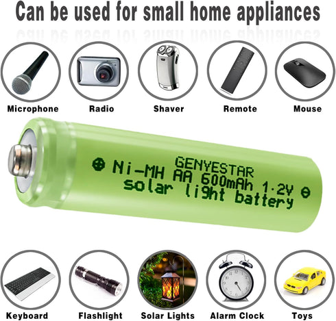 AA Solar Light Batteries, Rechargeable NIMH 600mAh 1.2V for Garden Lawn Landscaping Solar Lamps