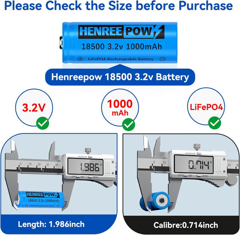 Henreepow 18500 3.2V Rechargeable Battery, 1000mAh LiFePO4 Lithium Phosphate for Outdoor Garden Solar Lights,