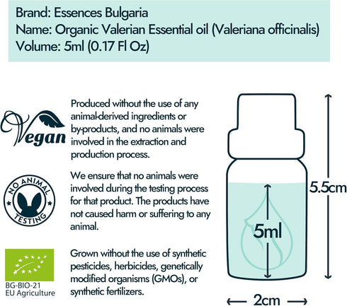 Essences Bulgaria Organic Valerian Essential Oil 0.17 Fl Oz | 5ml | 100% Pure for Sleep, Relaxation, Stress Relief